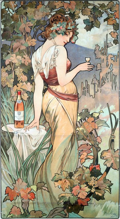 Alphonse Mucha（1860-1939）为Cognac Bisquit，Dubouche，1899做广告海报 - 由Alphonse Mucha为“Cognac Bisquit，Dubouche”制作的广告海报，1899年Sun 61x32 cm私人收藏 作者 Alphonse Mucha