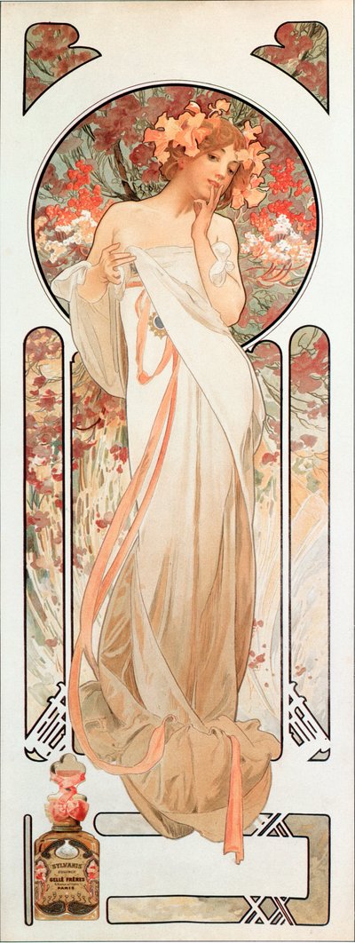 Alphonse Mucha（1860-1939）的香水广告海报“Sylvanis essence”1899年 -  Dim 21x61 cm由Alphonse Mucha制作的香水广告海报“”Sylvanis essence“”1899  -  Private col 作者 Alphonse Mucha