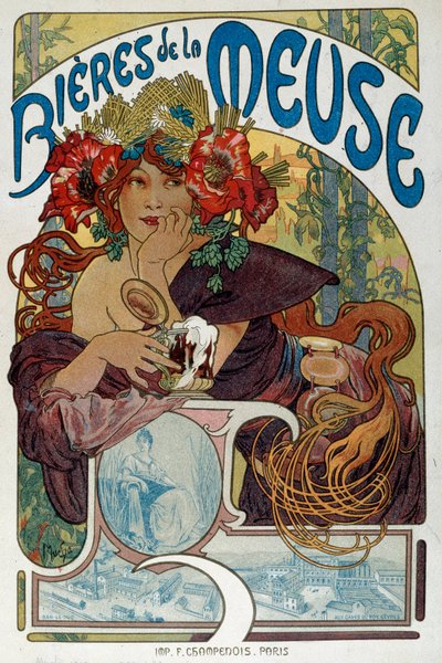 Alphonse Mucha (1860-1939) 插图的“Les bieres de la Meuse”广告海报，1898 年巴黎，装饰艺术 作者 Alphonse Mucha