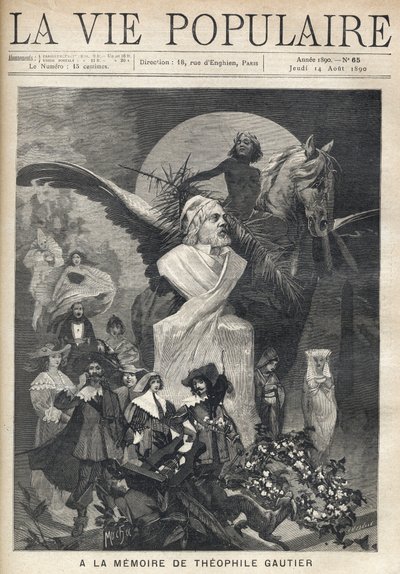 为了纪念西奥菲勒-戈蒂埃（1811-1872）。在作家的半身像周围，穿着他作品服装的人物带着悲伤和尊严奔跑着，在一个戴着桂冠、骑着翼马的孩子的注视下。阿方斯-玛丽亚-穆夏（Alphonse Ma）的插图。 作者 阿方斯·慕夏