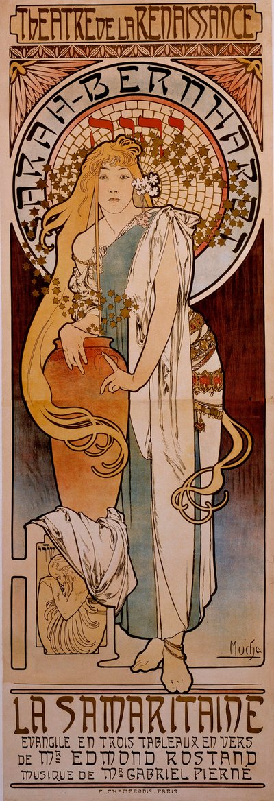1897 年，亨丽埃特·罗辛·伯纳德 (Henriette Rosine Bernard) 和莎拉·伯恩哈特 (Sarah Bernhardt，1844-1923 年) 在文艺复兴剧院 (Theatre de la Renaissance) 表演了 Edmond Rostand 的作品“La Samaritaine”的海报。 Alphonse Mucha (1860-1939) 1897 年的绘画 作者 阿方斯·慕夏