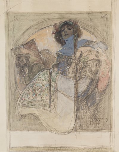 坐着的女人 - 研究海报，1897年 作者 阿方斯·慕夏
