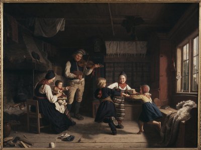Dimanche soir dans une ferme de Dalecarlie - 星期天晚上在达拉纳的一个农舍，由Lindegren, Amalia (1814-1891)创作。布面油画 作者 阿玛莉亚·林德格伦（Amalia Lindegren）