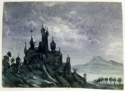 月光下的梦幻城堡"。水彩和水粉画。Aurore Amadine Lucie Dupin（1804-1876 年），法国小说家和女权主义者，曾以乔治-桑的名字写作。 作者 金刚砂杜平