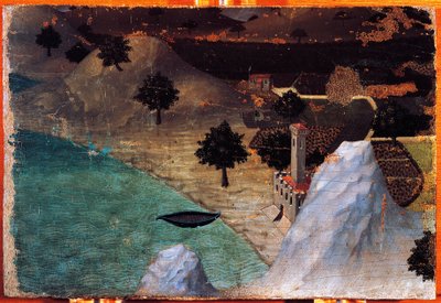 湖边的城堡，由Ambrogio Lorenzetti（1319-1347）创作，木板画，22x33厘米。 作者 安布罗乔·洛伦泽蒂