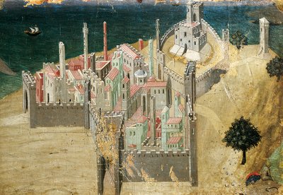 海边的城市，安布罗吉奥·洛伦泽蒂（Ambrogio Lorenzetti，1290-ca 1348）木上的蛋彩和黄金，22.5x33.5 厘米 作者 安布罗乔·洛伦泽蒂