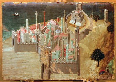 海边的城市，安布罗吉奥-洛伦泽蒂（1285-1348），木板画，22x33厘米。 作者 安布罗乔·洛伦泽蒂
