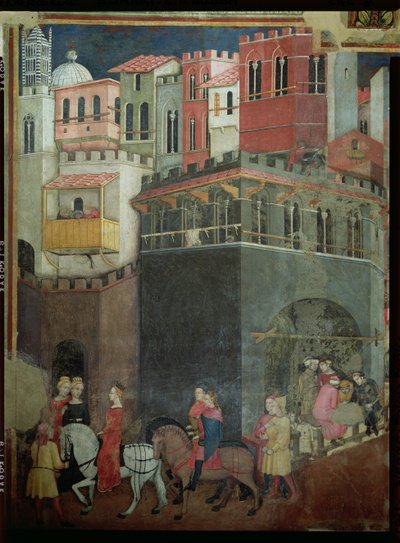 良好政府对城市的影响，建筑和公民的细节，1338-40 作者 安布罗乔·洛伦泽蒂