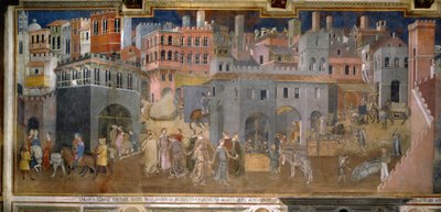 “《好政府坏政府对城乡的影响》”。 城市的细节。 Ambrogio Lorenzetti 的壁画（1290-1348） 作者 安布罗乔·洛伦泽蒂