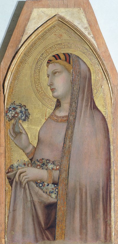 圣多萝西，Ambrogio Lorenzetti（1290-约1348）描绘圣母、圣婴和圣多萝西的三联画的细节，木板油画 作者 安布罗乔·洛伦泽蒂