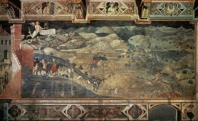 乡村（城市和乡村善治的影响细节） - Ambrogio Lorenzetti 的壁画（1285-1348？），390x810 厘米 作者 安布罗乔·洛伦泽蒂