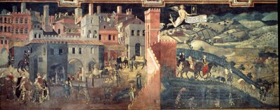 好政府和坏政府对城市和国家的影响。 城市的细节。 Ambrogio Lorenzetti 的壁画（1290-1348） 作者 安布罗乔·洛伦泽蒂