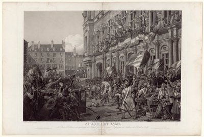1830年7月31日，拉法耶特将军（General La Fayette）在凡尔赛宫（Hôtel de Ville）的阳台上向人民赠送了奥尔良公爵。 作者 Ambroise-Louis Garneray