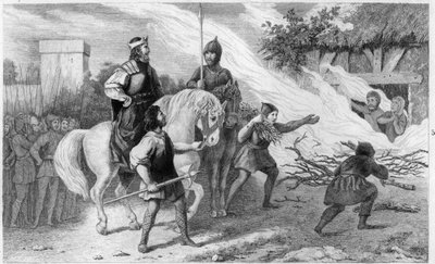 克洛泰尔一世（497-561）烧死了他的反叛的儿子和家人，560年--法兰西国王克洛泰尔（Clotaire）一世（497-561）在560年烧死了他的儿子Chramne（Chram，Chramn）和他的妻子，他们反叛了他--1825年在《法国历史代表》中的版画。 作者 安布罗斯·塔迪厄（Ambroise Tardieu）