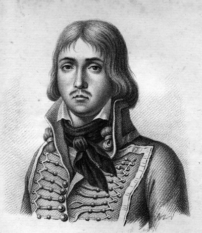 Marceau将军。François Séverin Marceau Desgraviers General français (1769 to 1796).在 "法国胜利和征服后的法国将军肖像 "中。Ambroise Tardieu于1818年雕刻的。斯泰拉收藏。 作者 安布罗斯·塔迪厄（Ambroise Tardieu）