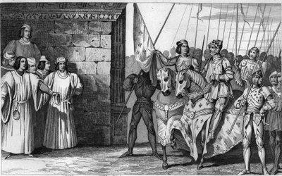 圣女贞德（1412-31）于1429年抵达兰斯，等待查理七世（1403-61）的加冕礼--查理七世被称为 "胜利者"（1403-1461）--英国人在奥尔良设立了席位，但圣女贞德提高了席位，交付了奥尔良，并带领国王重新开始。 作者 安布罗斯·塔迪厄（Ambroise Tardieu）