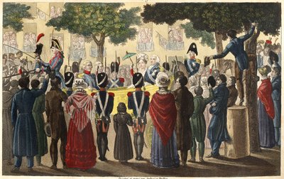 路易十八（1755-1824）于1814年在忠于巴黎的少数臣民中被孔戴的军队宣布为国王（复辟）--1825年由安布罗伊斯-塔迪欧设计和雕刻。 作者 安布罗斯·塔迪厄（Ambroise Tardieu）