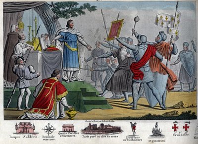 腓力二世（1165-1223），卡佩提国王，被称为 "奥古斯都"，提议将他的王冠给他的士兵，如果他们能在布文斯战役前一天保留王冠的话，但所有人都宁愿保留他们的国王。通过赢得这场战役，腓力二世摧毁了一个联盟。 作者 安布罗斯·塔迪厄（Ambroise Tardieu）
