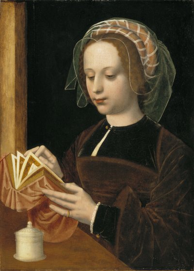 Marie Madeleine lisant - 抹大拉的玛利亚在读书，作者是Benson, Ambrosius (1495-1550)。木材上的油彩。尺寸：49x35厘米。斯德哥尔摩国家博物馆 作者 安布罗休斯·本森（Ambrosius Benson）