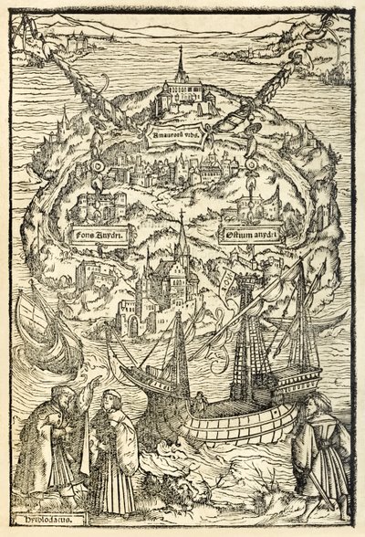 乌托邦新岛的地图，由托马斯·莫尔爵士（1478-1535）于1518年出版的“乌托邦”，于1516年首次出版。由Ambrosius Holbein（约1494-c.1519）创作的木刻展示了带有星球的岛屿 作者 安布罗休斯·霍尔拜因