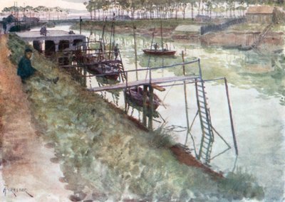 码头，鳗鱼船和登陆台，尼乌波尔特（彩色石版画） 作者 Amedee（之后）Forestier