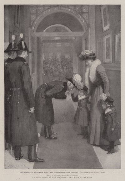 罗伯茨勋爵（Lord Roberts）在他的伦敦酒店（London Hotel），总司令问候塞特琳顿女士的小女孩 作者 Amedee Forestier