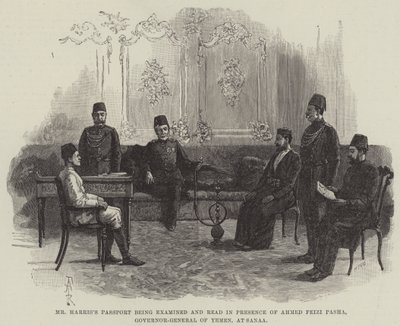 Harris先生的护照在也门总督Ahmed Feizi Pasha在Sanaa的陪同下进行检查和阅读 作者 Amedee Forestier