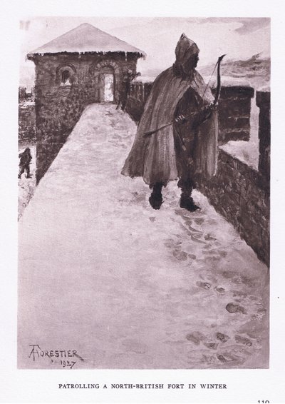 在冬天巡逻北英国堡垒，插图来自罗马士兵，1928年 作者 Amedee Forestier