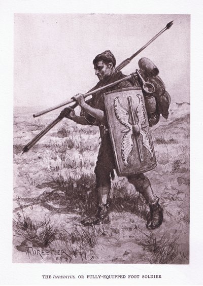 The Impeditus或装备齐全的步兵，来自罗马士兵的插图，1928年 作者 Amedee Forestier