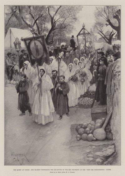 Cimiez的女王，女王陛下在Cimiez的Fete des Cougourdons见证了红色忏悔者的离去 作者 Amedee Forestier