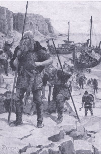 维京人发现美国，来自《我的杂志》，1922年出版（石印）。 作者 阿梅迪·福雷斯蒂尔