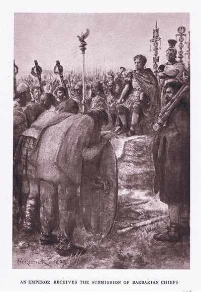 皇帝收到野蛮人酋长的提交，1928年罗马士兵的插图 作者 阿梅迪·福雷斯蒂尔