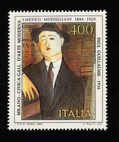 意大利艺术系列的邮票，纪念Amedeo Modigliani (1884-1920)，描绘Paul Guillaume的肖像(1916)，400里邮票 作者 莱拉（当代艺术家）沙瓦