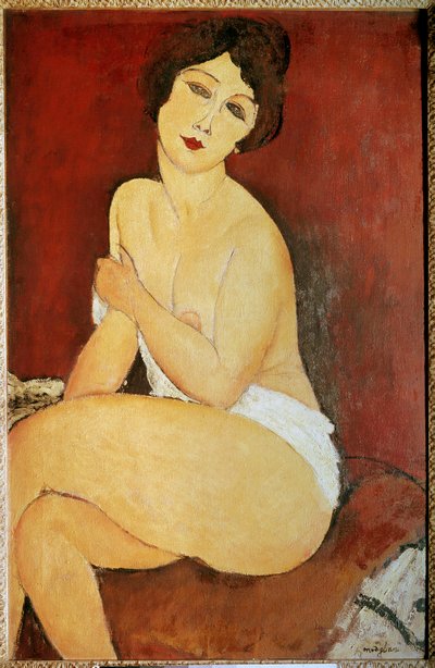 Amedeo Modigliani (1884-1920) 1917 年创作的《坐在椅子上的裸体女人》。 1x0,65 m 系列 privee - 大型坐着的裸体。 阿梅迪奥·莫迪利亚尼 (Amedeo Modigliani) 的绘画 (1884-1920) 作者 Amedeo Modigliani