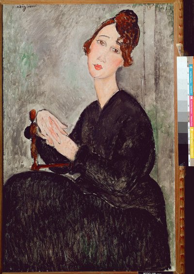 Dedie Hayden（DH）的肖像穿黑色衣服的女人有黑色素的表情。绘画由Amedeo Modigliani（1884-1920）1918 Dim。 92x60 cm Paris，musee national dart moderne 作者 阿梅代奥·莫迪利亚尼
