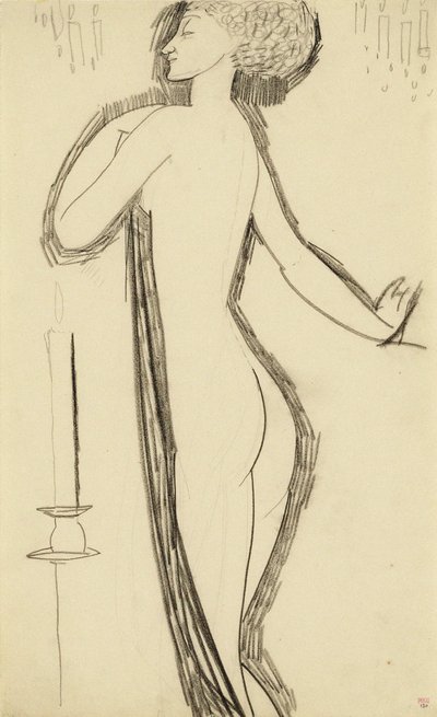 在外形的常设女性裸体与被点燃的蜡烛，c。 1911年 作者 Amedeo Modigliani
