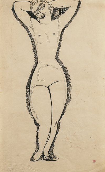 举起双手站立裸体，1911年 作者 Amedeo Modigliani
