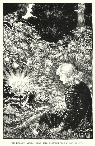他意识到，巴斯里斯克就在他身边（雕刻）。 作者 Amelia M. (attr.to) Bowerley 或 Bauerle