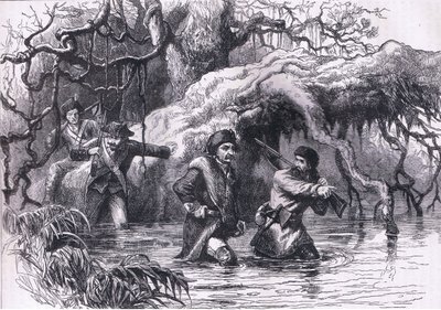 克拉克和他的士兵穿越瓦巴什河，插图来自卡塞尔，佩特和加尔平出版的卡塞尔美国历史，约 1900 年（石版画） 作者 美国英语学校