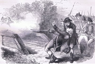 Isaac Davis 之死，插图来自 Cassells History of the United States，由 Cassell, Petter & Galpin 出版，约 1900 年（石版画） 作者 美国英语学校