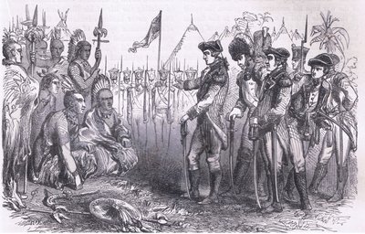 Burgoyne 将军对印第安人讲话，插图来自 Cassell, Petter & Galpin 出版的《卡塞尔美国历史》，约 1900 年（石版画） 作者 美国英语学校