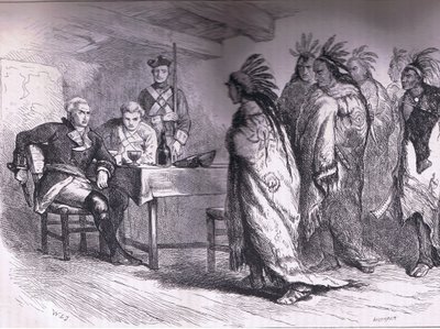 庞蒂亚克和印第安人于 1763 年拜访格拉德温少校，插图来自卡塞尔，佩特和加尔平出版的卡塞尔美国历史，约 1900 年（石版画） 作者 美国英语学校