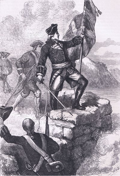 华盛顿在杜肯堡插上英国国旗，插图来自卡塞尔，彼得和加尔平出版的卡塞尔美国历史，约 1900 年（石版画） 作者 美国英语学校