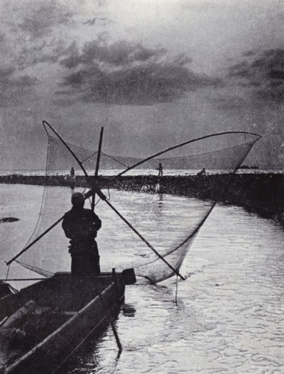 A Japanese fisherman drawing his net (b/w photo) 作者 美国摄影师（后）
