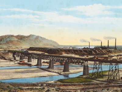 横跨格兰德河的铁路桥和德克萨斯州埃尔帕索的大海关冶炼厂（彩色照片） 作者 美国摄影师