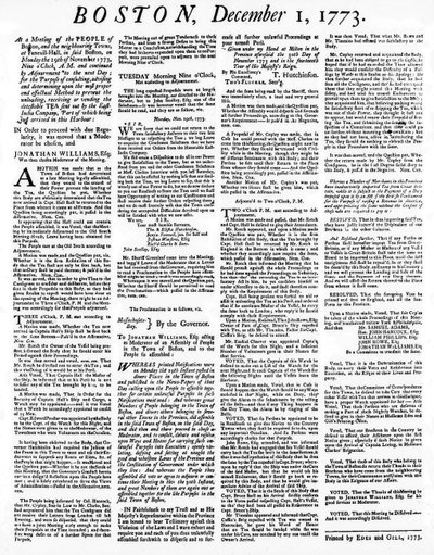 一份关于波士顿茶党事件的宽边报纸，1773年12月（印刷版） 作者 American School