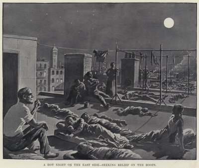 东边炎热的夜晚，在屋顶上寻求救济（石版画） 作者 美国学校