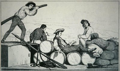 密西西比河上运载货物的平底船，约1840年（雕版画）。 作者 美国学校
