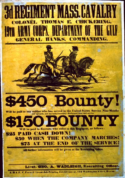 马萨诸塞骑兵队第3团的招募海报，1863-65 作者 American School