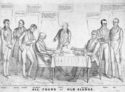 所有Fours或Old Sludge，政治漫画描绘总统Martin Van Buren（1782-1862）在威廉·亨利·哈里森（1773-1841）中与其他政治家和政治家共同打牌，1836年（石版画） 作者 美国学校